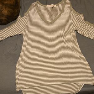 French Laundry Gray and White Striped V-Neck Top